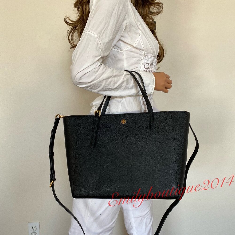 NWT Tory Burch 136091 Emerson Small Top Zip Tote Black Leather Crossbody Bag